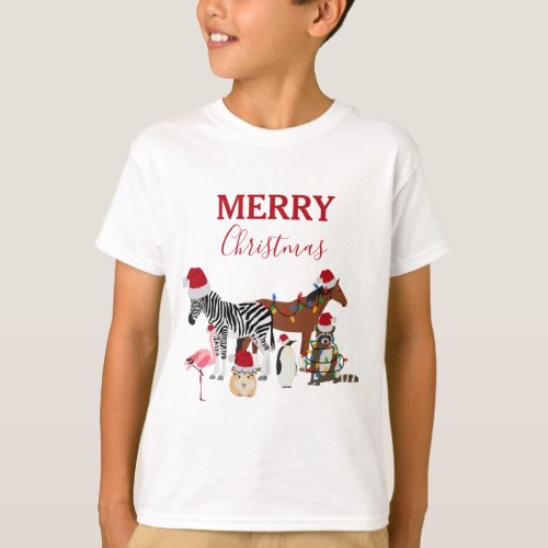 Funny Cute Christmas Animals Santa Hats Lights T_Shirt