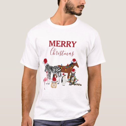 Funny Cute Christmas Animals Santa Hats Lights T_Shirt