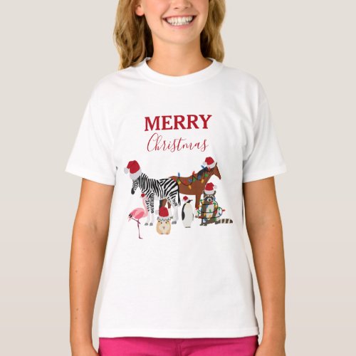 Funny Cute Christmas Animals Santa Hats Lights  T_Shirt