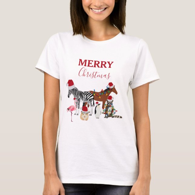 Funny Cute Christmas Animals Santa Hats Lights T-Shirt (Front)