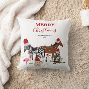 Funny Cute Christmas Animals Santa Hats Lights Throw Pillow