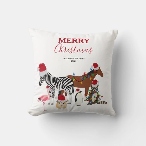 Funny Cute Christmas Animals Santa Hats Lights  Throw Pillow