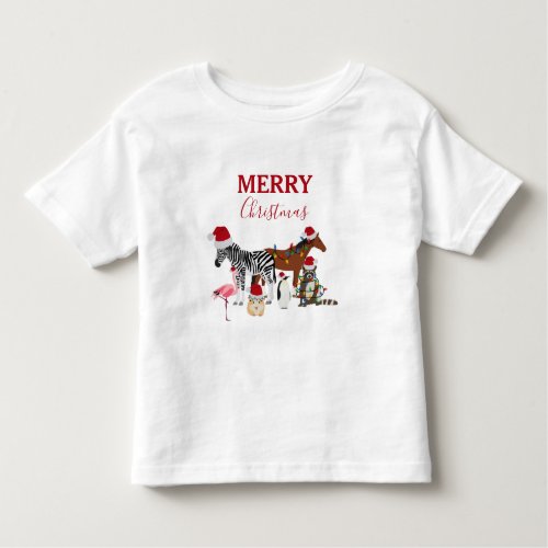 Funny Cute Christmas Animals Santa Hats Lights Toddler T_shirt