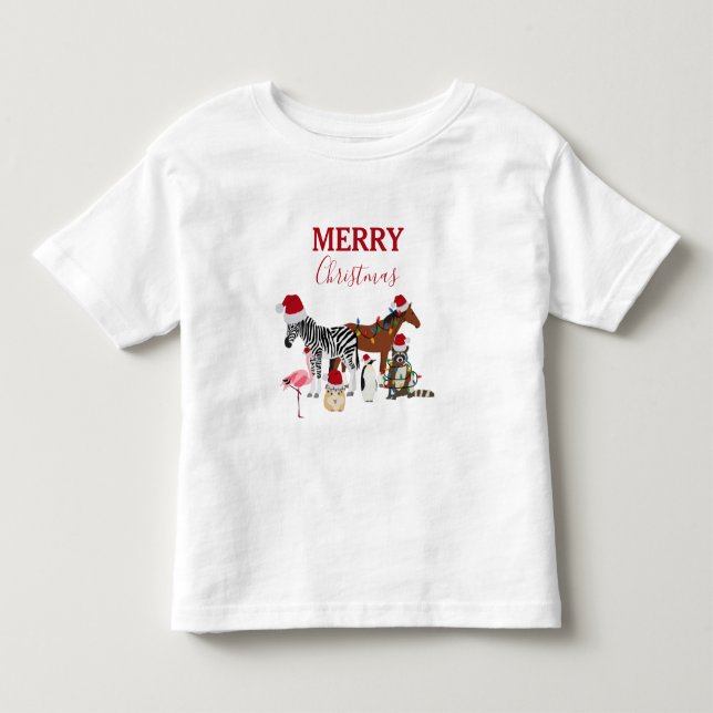 Funny Cute Christmas Animals Santa Hats Lights Toddler T-shirt (Front)