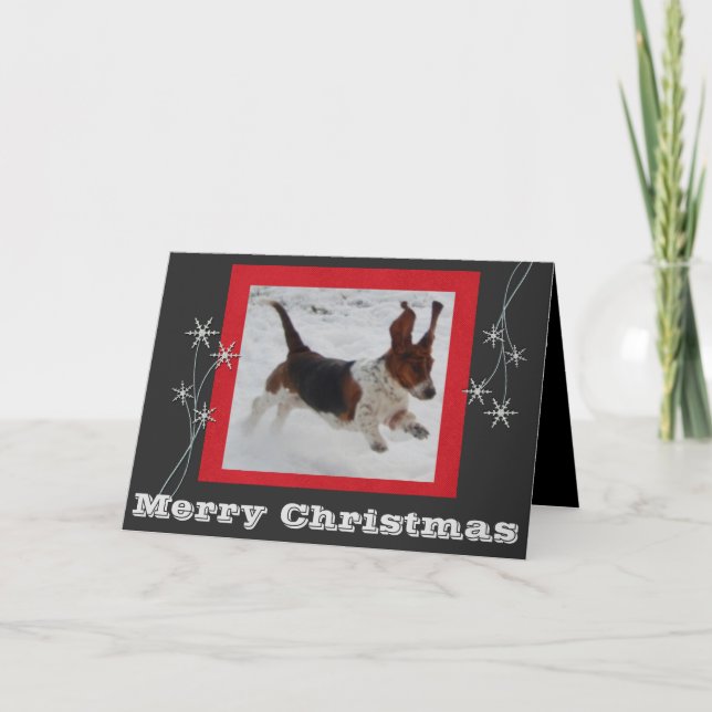 Funny & Cute Christmas Card w/Jumping Basset Hound (Front)
