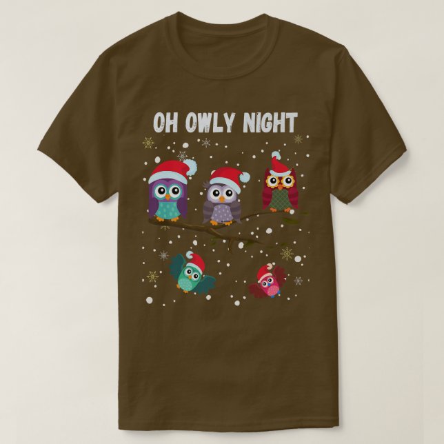 Funny Cute Christmas Owls in Santa Hats Oh Holy Ow T-Shirt (Design Front)