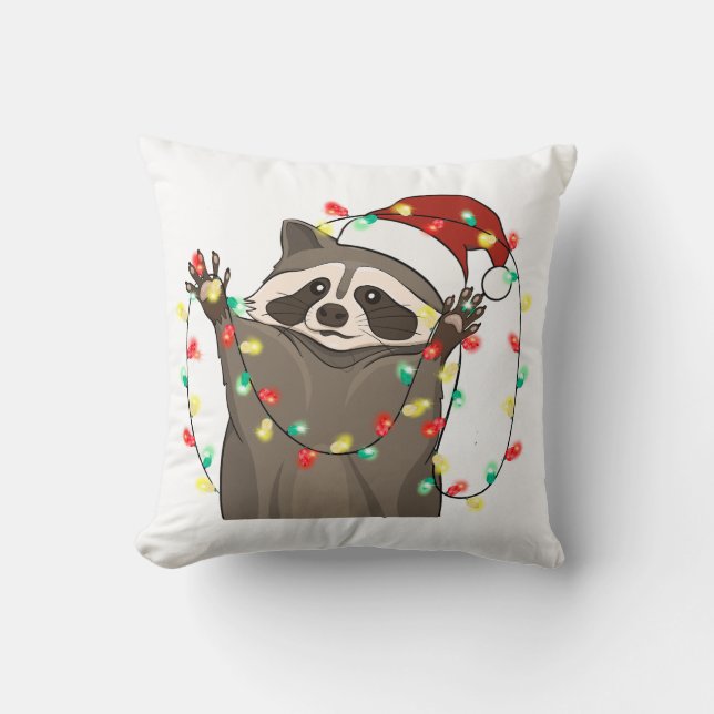 Funny Cute Christmas Raccoon Throw Pillow (Front)