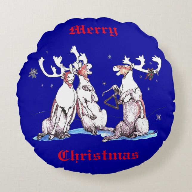Funny Cute Christmas Singing Caribou Round Pillow (Front)