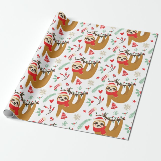 Funny Cute Christmas Sloth with Santa Hat Wrapping Paper (Unrolled)