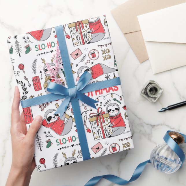 Funny Cute Christmas Sloth with Santa Hat Wrapping Paper (Gifting)