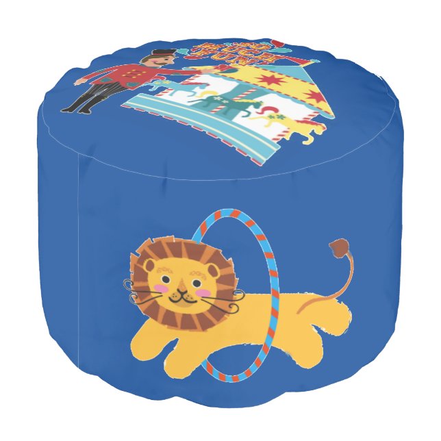 Funny, Cute Circus Lion Elephant Round Pouf (Angled Back)