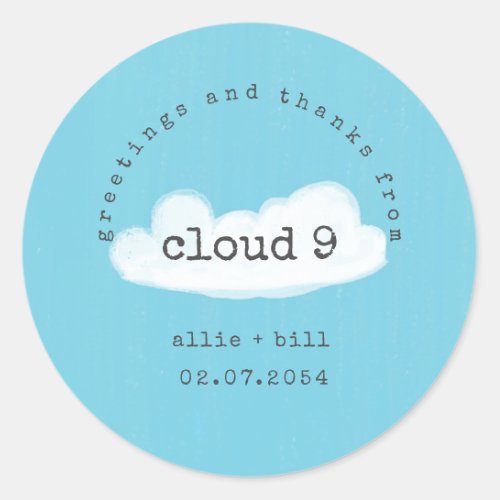 Funny Cute Cloud 9 Blue White Humorous Thank You Classic Round Sticker
