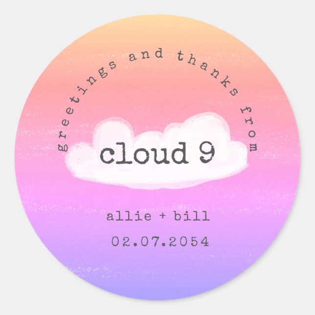 Funny Cute Cloud 9 Pink Purple Humorous Thank You Classic Round Sticker (Front)
