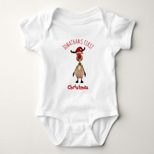 Funny Cute Clumsy Reindeer First Christmas Baby Bodysuit