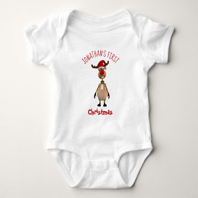 Funny Cute Clumsy Reindeer First Christmas Baby Bodysuit (Front)