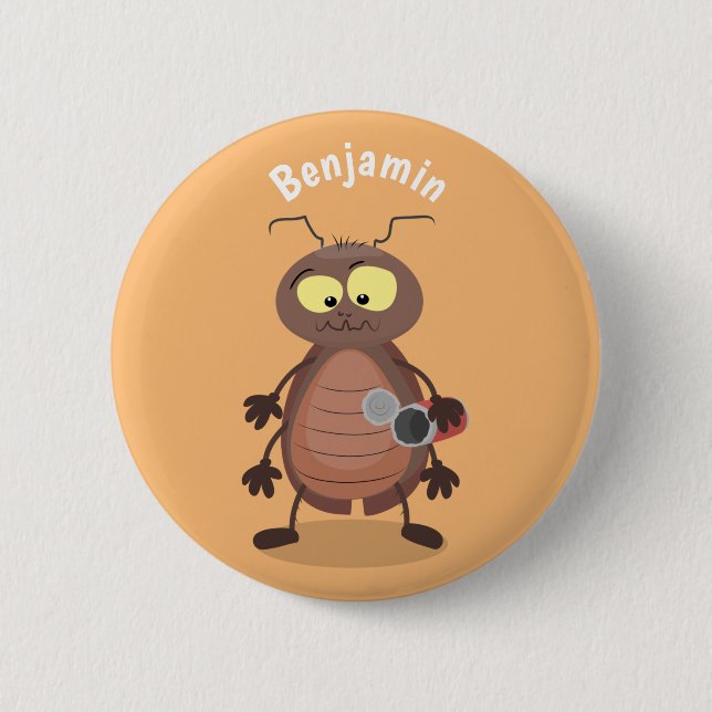 Funny cute cockroach cartoon character button (Front)