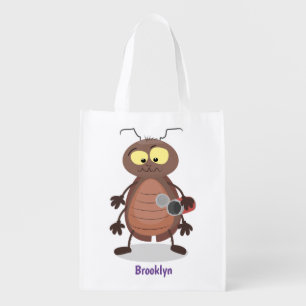 Funny cute cockroach cartoon character grocery bag