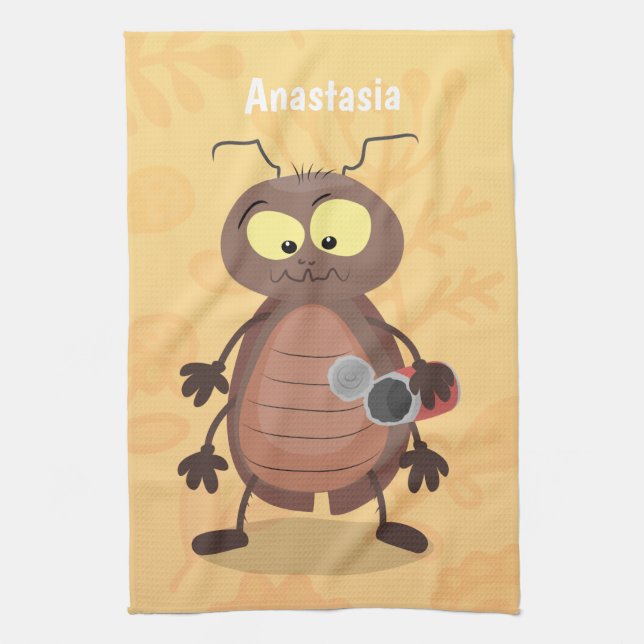 Funny cute cockroach cartoon character kitchen towel (Vertical)