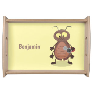 Funny cute cockroach cartoon character serving tray