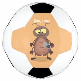 Funny cute cockroach cartoon character soccer ball