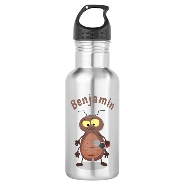 Funny cute cockroach cartoon character stainless steel water bottle (Front)