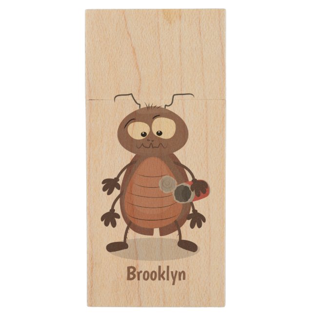Funny cute cockroach cartoon character wood flash drive (Front Vertical)
