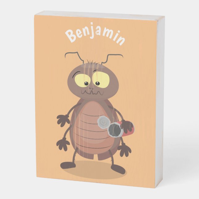 Funny cute cockroach cartoon character wooden box sign (Angled Vertical)