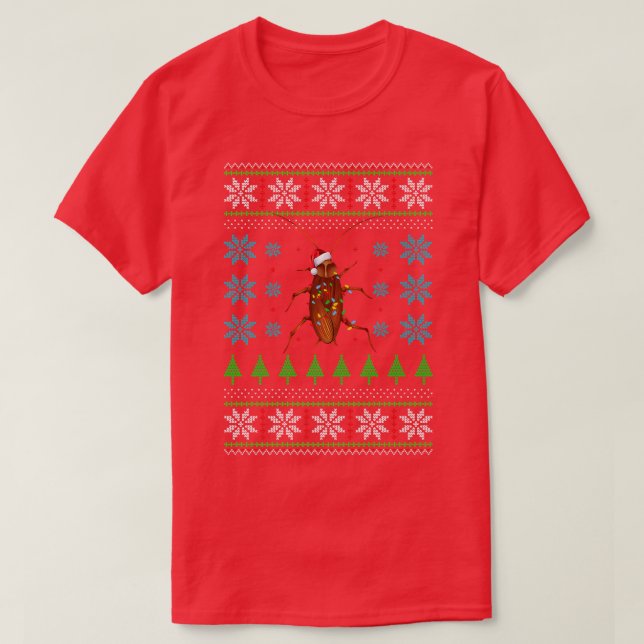 Funny Cute Cockroach Christmas Light Pajama  T-Shirt (Design Front)
