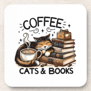 Funny Cute Coffee Cats Books Lover Gift Idea Women Beverage Coaster