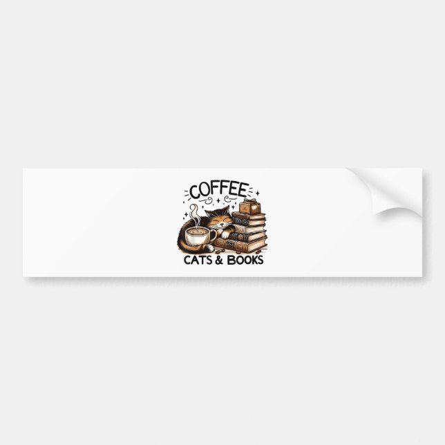 Funny Cute Coffee Cats Books Lover Gift Idea Women Bumper Sticker (Front)