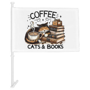 Funny Cute Coffee Cats Books Lover Gift Idea Women Car Flag