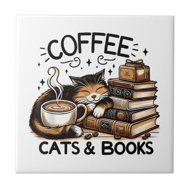 Funny Cute Coffee Cats Books Lover Gift Idea Women Ceramic Tile (Front)