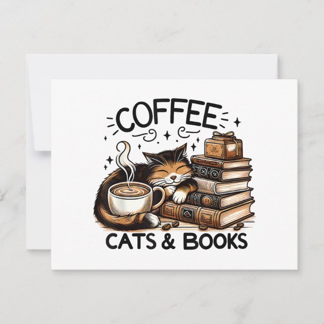 Funny Cute Coffee Cats Books Lover Gift Idea Women Holiday Card (Front)