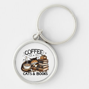 Funny Cute Coffee Cats Books Lover Gift Idea Women Keychain