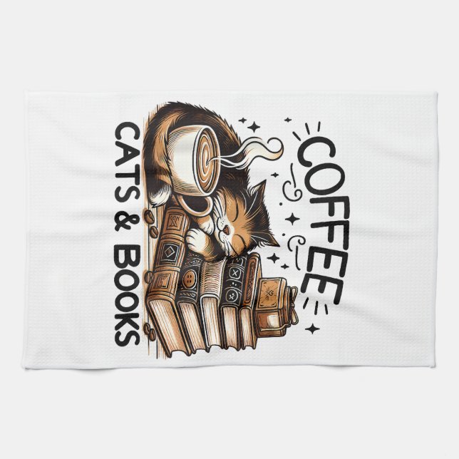 Funny Cute Coffee Cats Books Lover Gift Idea Women Kitchen Towel (Horizontal)