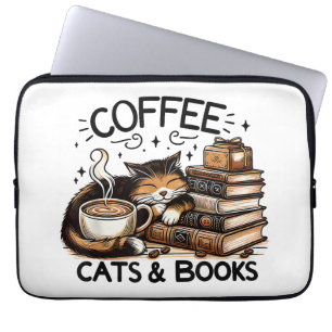 Funny Cute Coffee Cats Books Lover Gift Idea Women Laptop Sleeve