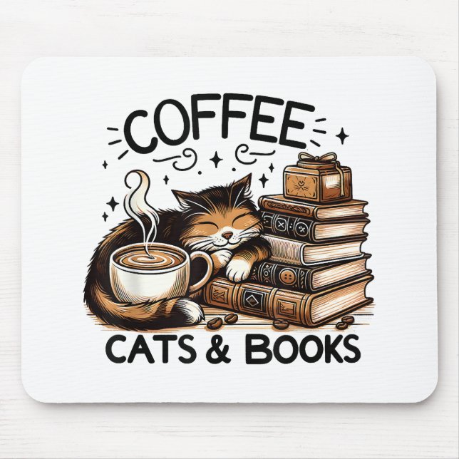 Funny Cute Coffee Cats Books Lover Gift Idea Women Mouse Pad (Front)