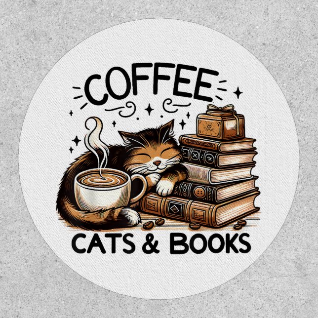 Funny Cute Coffee Cats Books Lover Gift Idea Women Patch (Front)