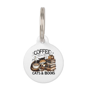 Funny Cute Coffee Cats Books Lover Gift Idea Women Pet ID Tag