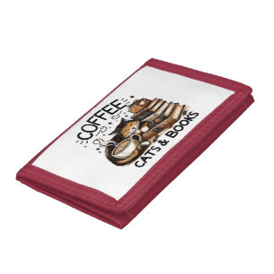 Funny Cute Coffee Cats Books Lover Gift Idea Women Tri-fold Wallet