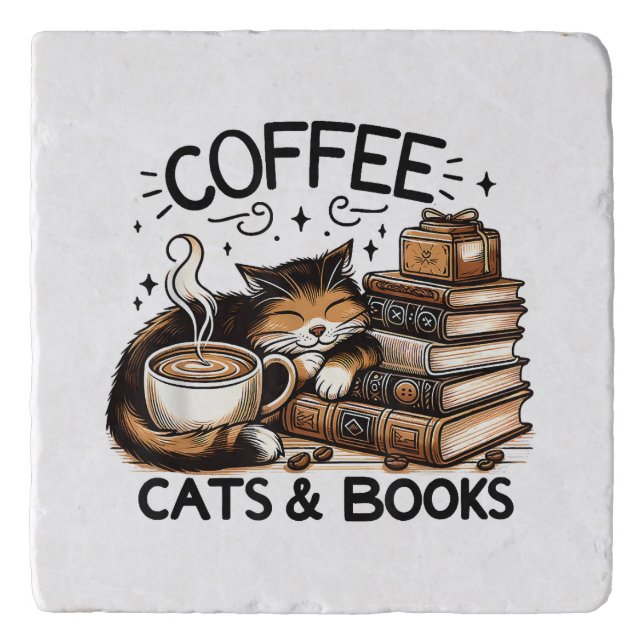Funny Cute Coffee Cats Books Lover Gift Idea Women Trivet (Front)