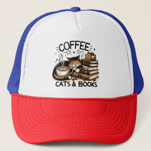 Funny Cute Coffee Cats Books Lover Gift Idea Women Trucker Hat