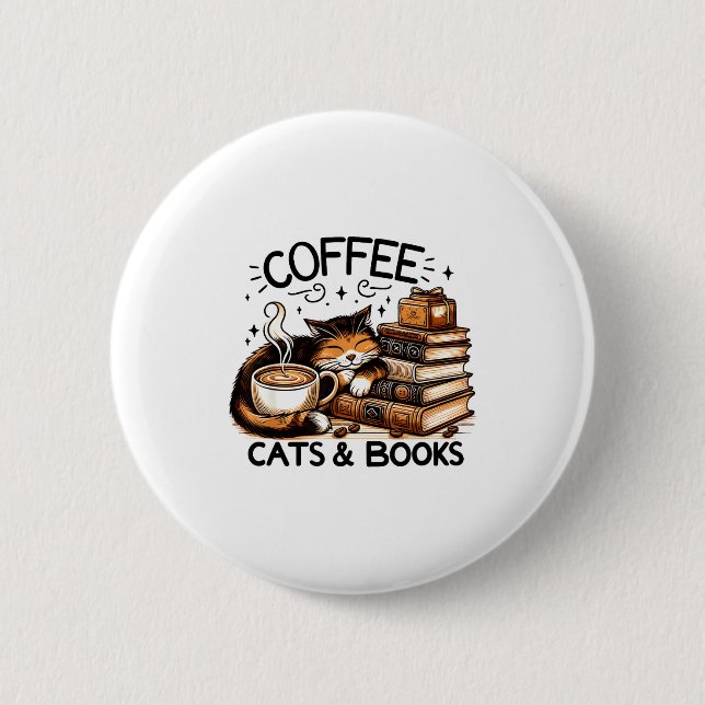 Funny Cute Coffee Cats Books Lover Women Men Kids  Button (Front)