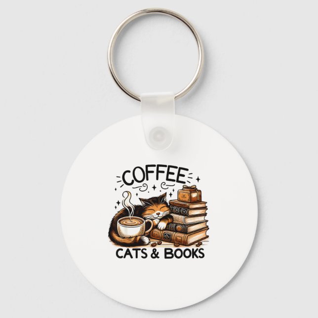 Funny Cute Coffee Cats Books Lover Women Men Kids  Keychain (Front)