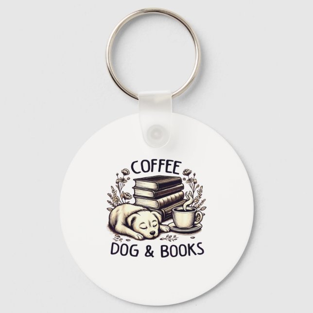 Funny Cute Coffee Dog Books Lover Women Men Kids  Keychain (Front)