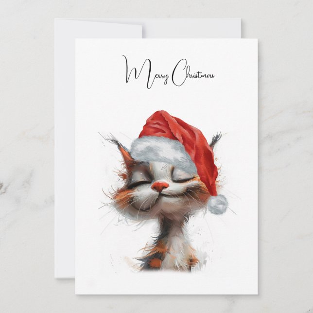Funny Cute Comic Whimsical Cat Merry Christmas Holiday Card (Front)