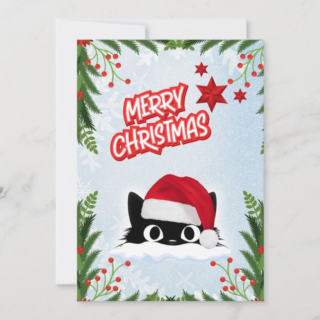 Funny Cute Comic Whimsical Cat Merry Christmas Holiday Card (Front)