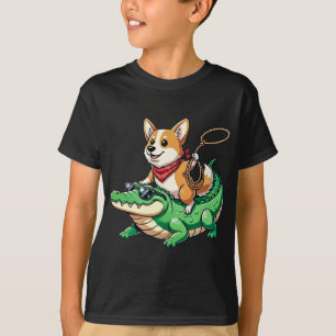 Funny Cute Corgi Riding Alligator Dog Cowboy T-Shirt