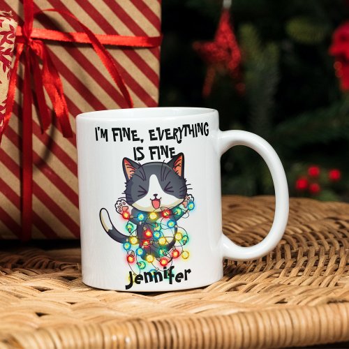 Funny Cute Crazy Cat I Am Fine Tangled Lights Name Coffee Mug