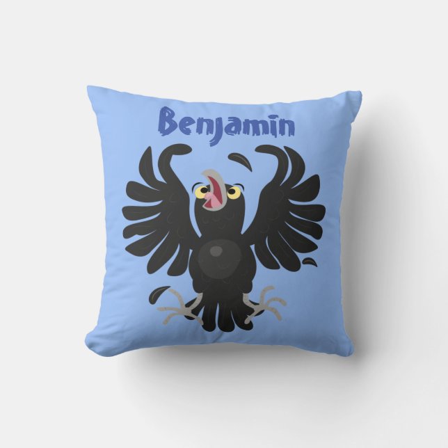 Funny cute crow raven cartoon illustration throw pillow (Front)